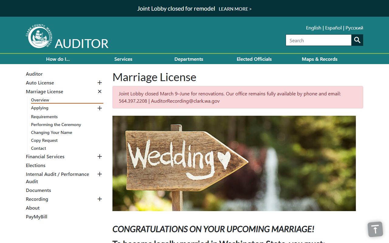 Clark County County Auditor marriage license application page
