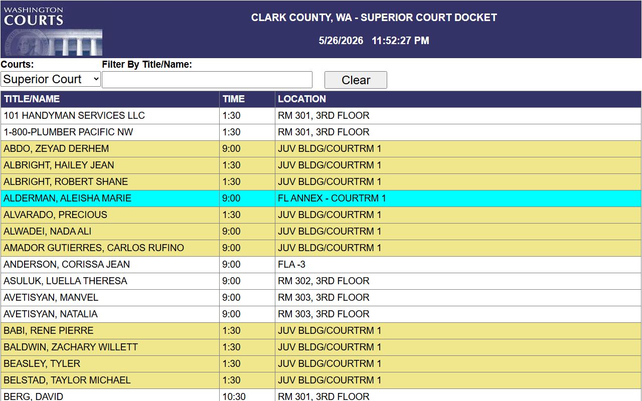 Clark County court dockets and hearing locations on the Where's My Case portal