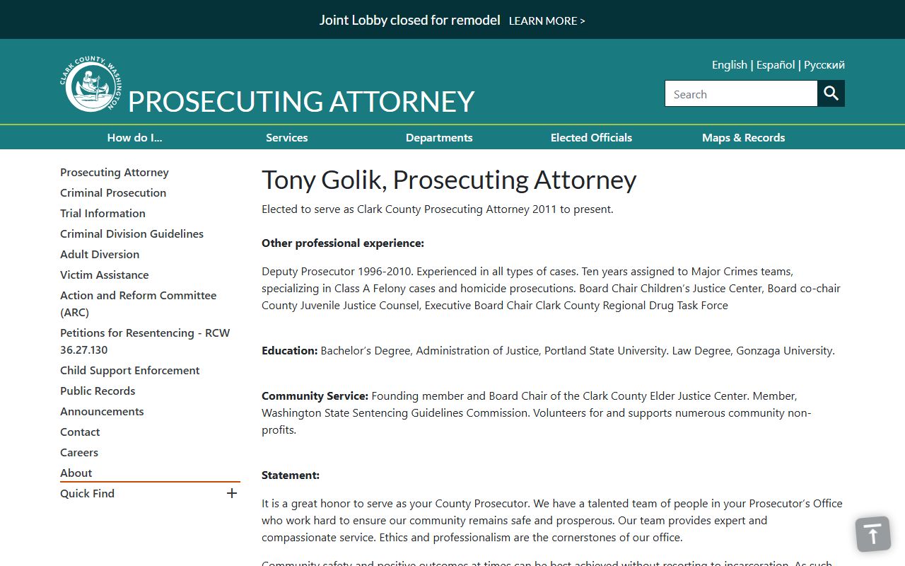 Clark County arrest records prosecuting attorney Tony Golik official page