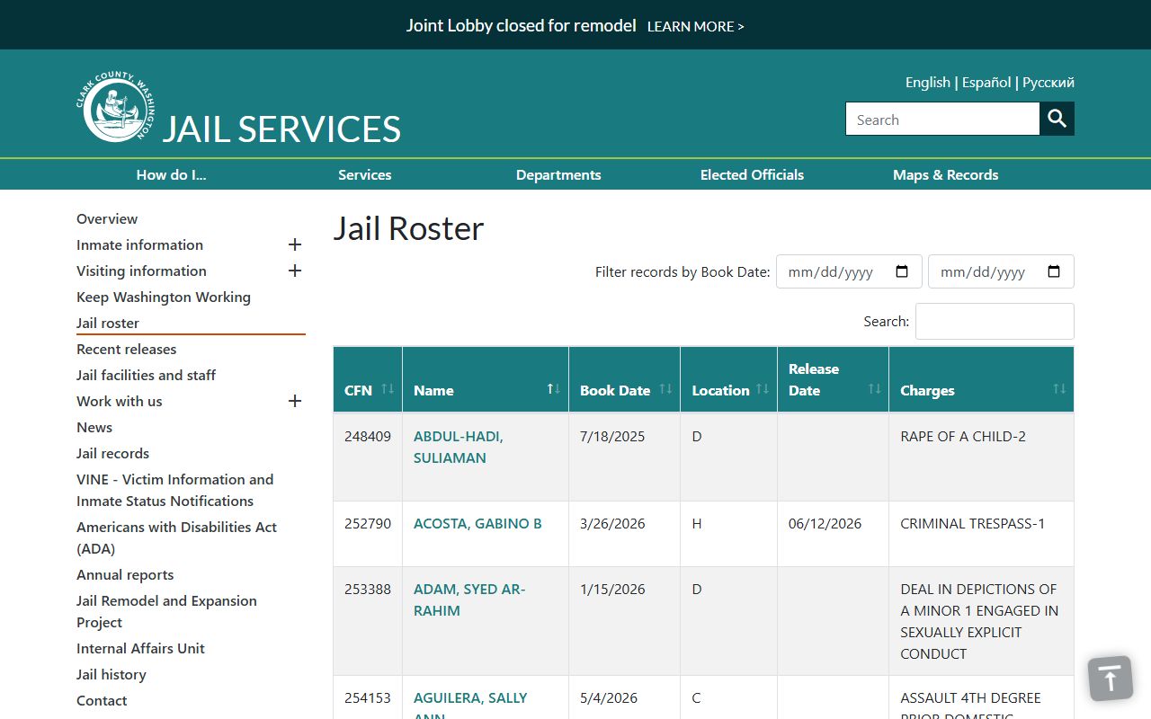 Clark County inmate records jail roster table on the county website