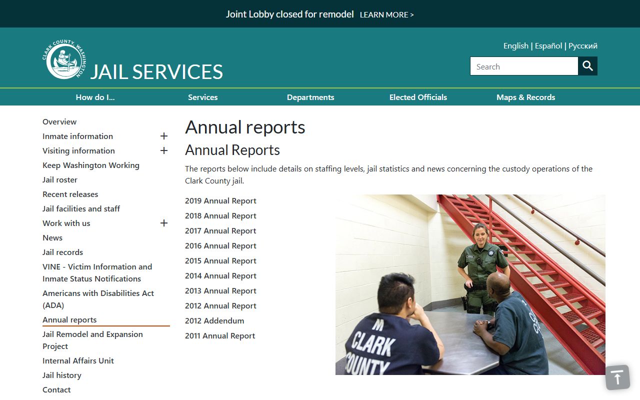 Clark County inmate population annual reports page on the official Clark County website