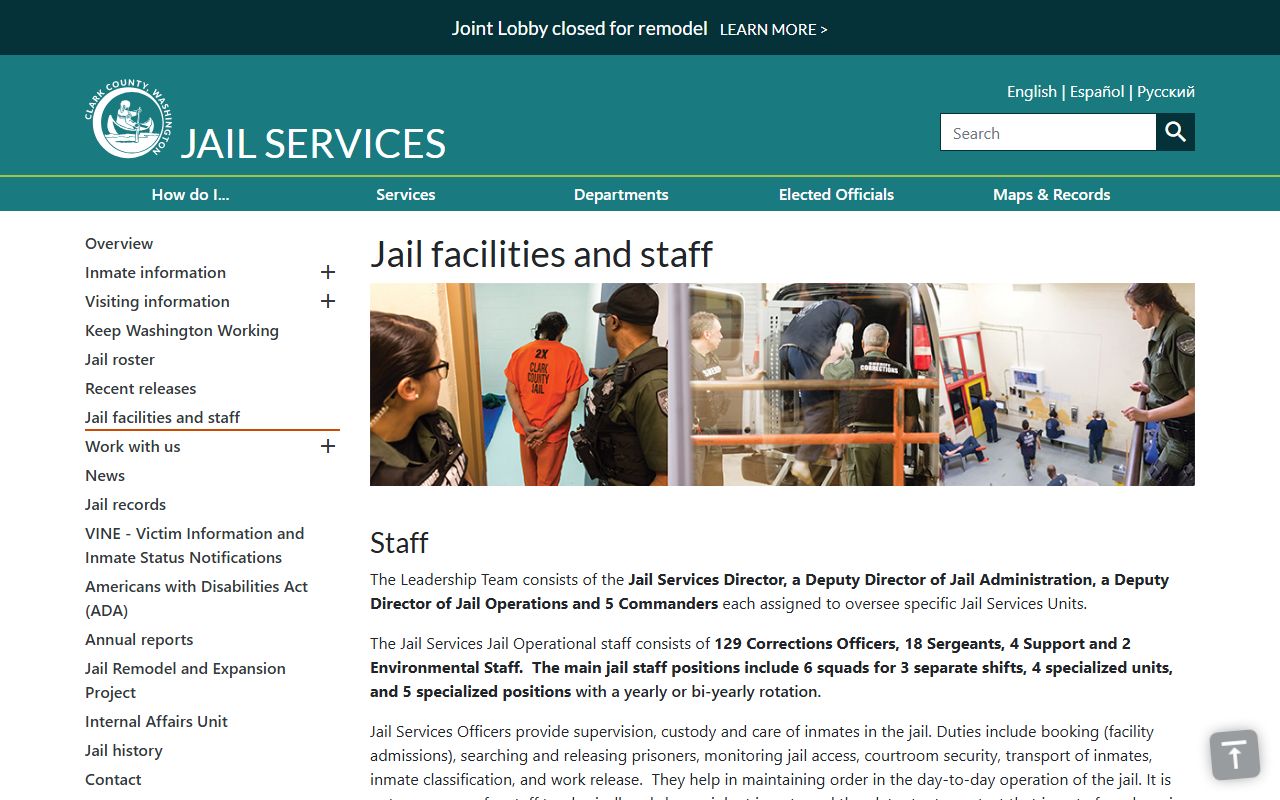Clark County jail facility and staff breakdown on the official Clark County Jail Services page
