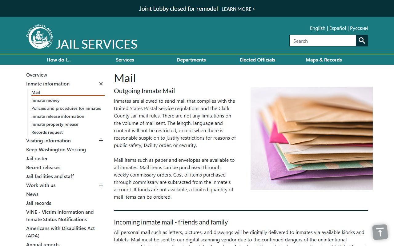 Clark County jail mail rules and inmate mail scanning address