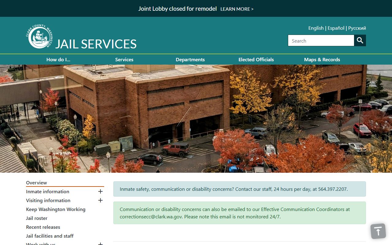 Clark County jail services page with inmate search and roster links