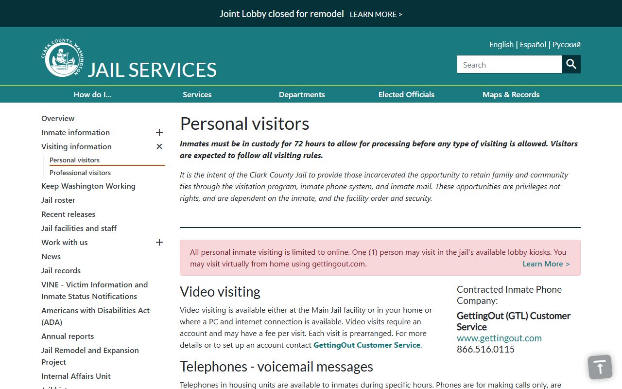 Clark County jail visiting rules and inmate visit schedule page