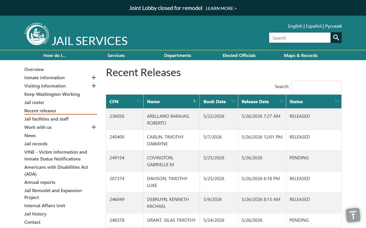 Clark County released inmates recent releases table on the county jail services page
