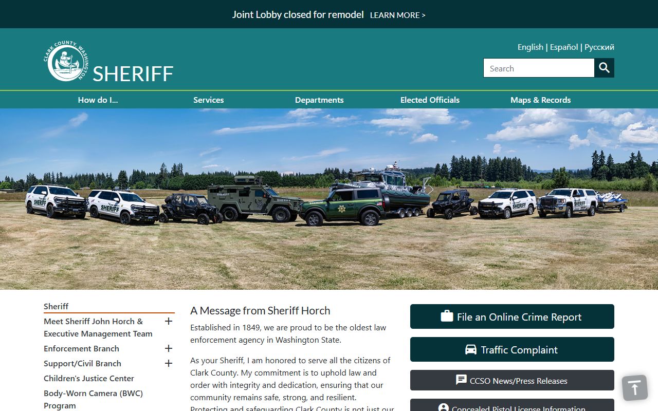 Clark County Sheriff homepage with links to warrants and criminal records information