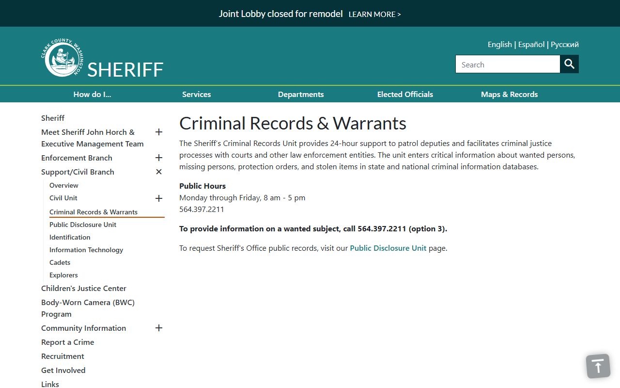 Clark County warrants and criminal records unit page on the Sheriff website
