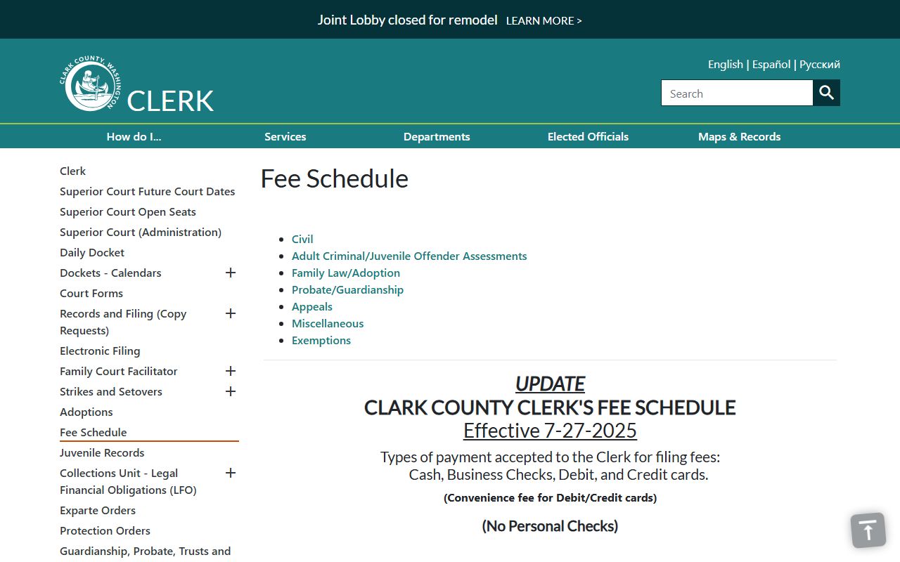 Clark County County Clerk fee schedule for court records copies and filings