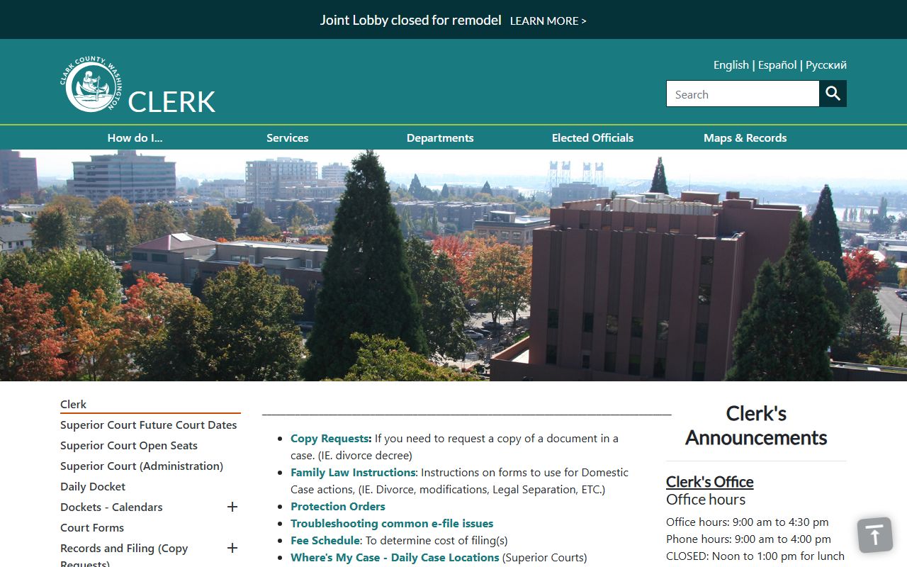 Clark County County Clerk office main page showing court records services