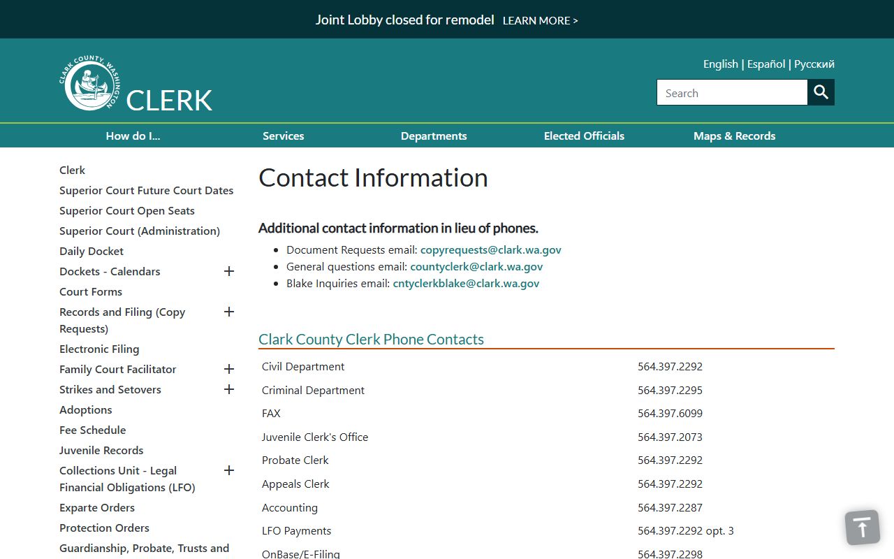 Clark County County Clerk contact information page for court records requests