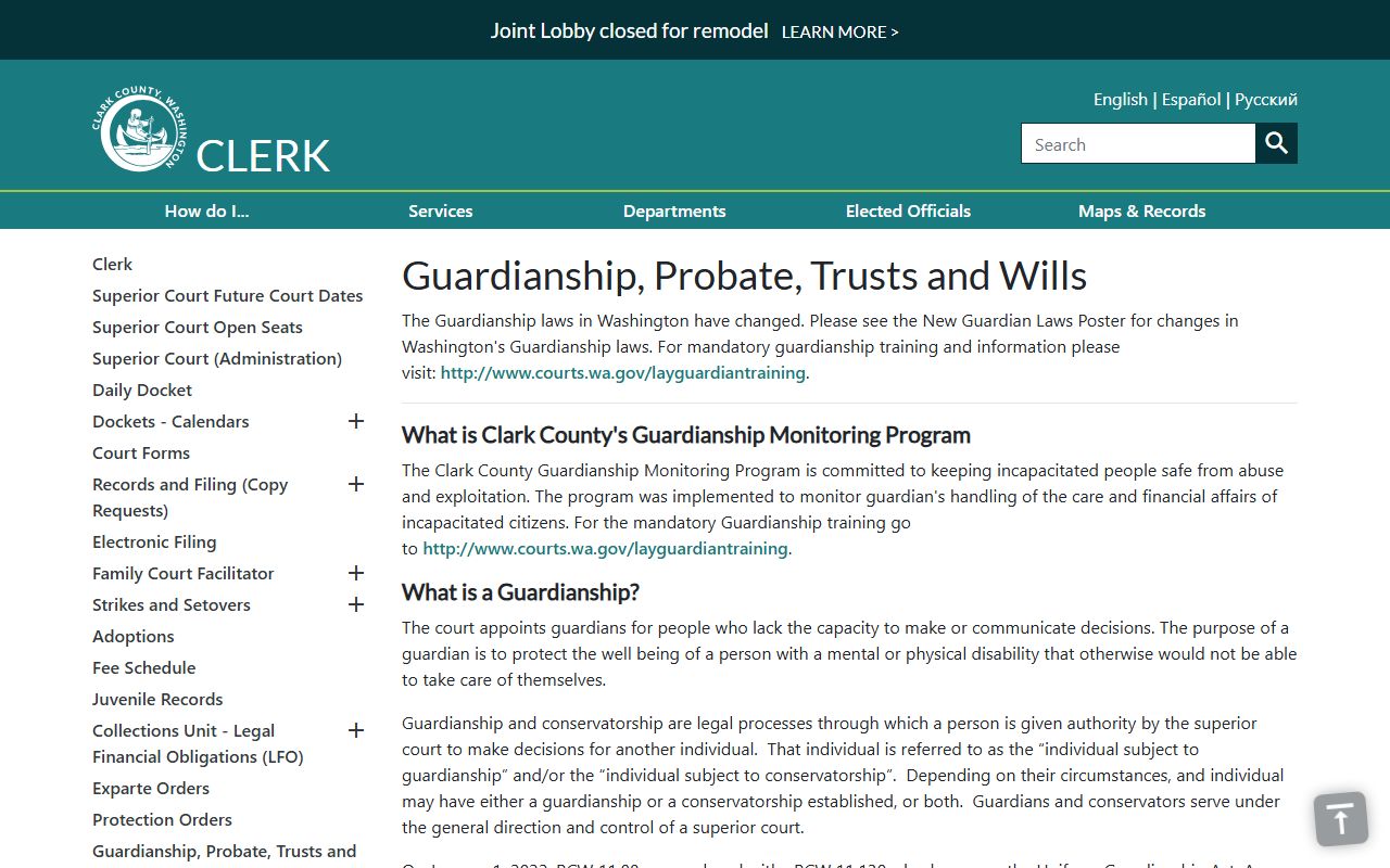 Clark County probate records guardianship probate trusts and wills page on the County Clerk site