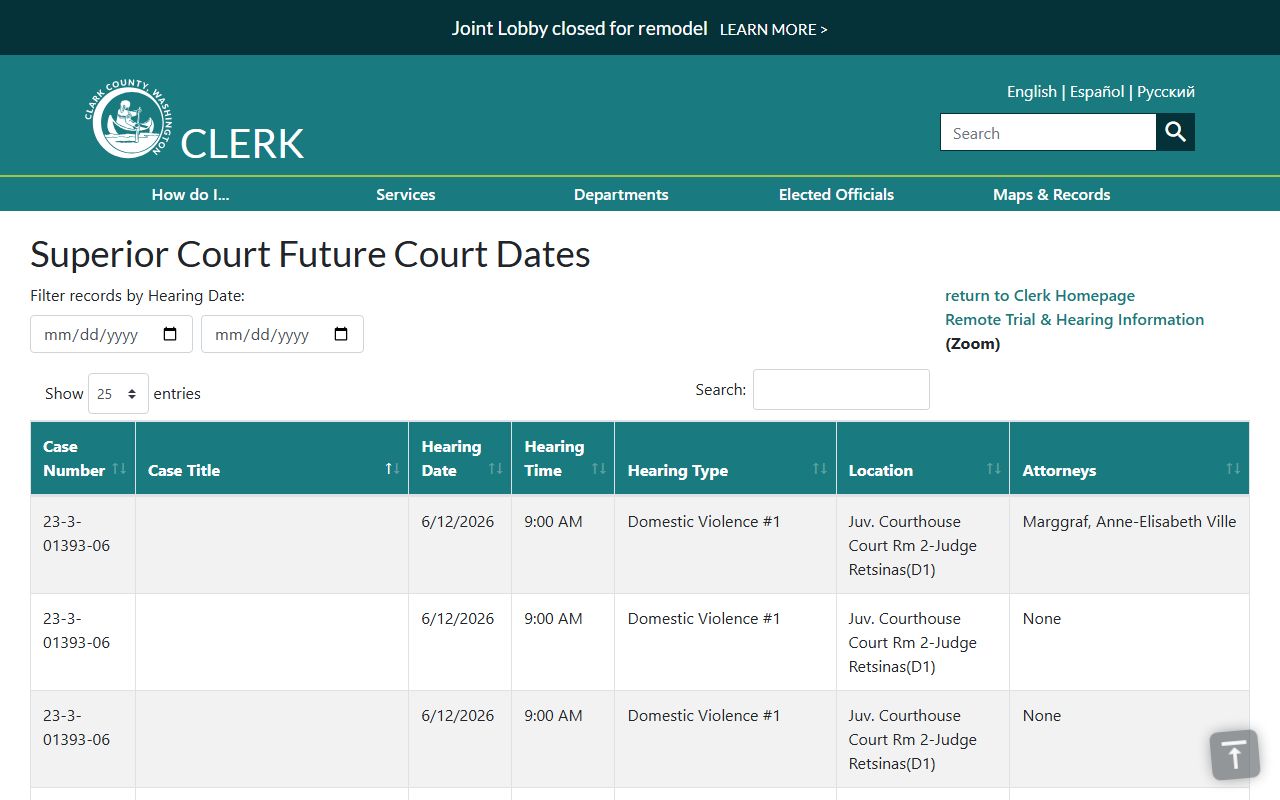 Clark County court dockets shown on the Superior Court Future Court Dates page