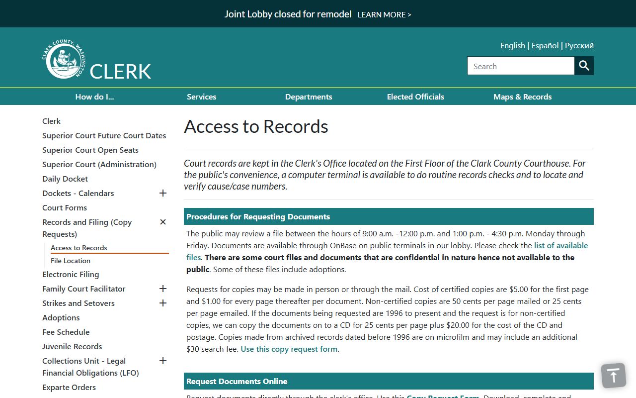 Clark County court records Clerk access to records page