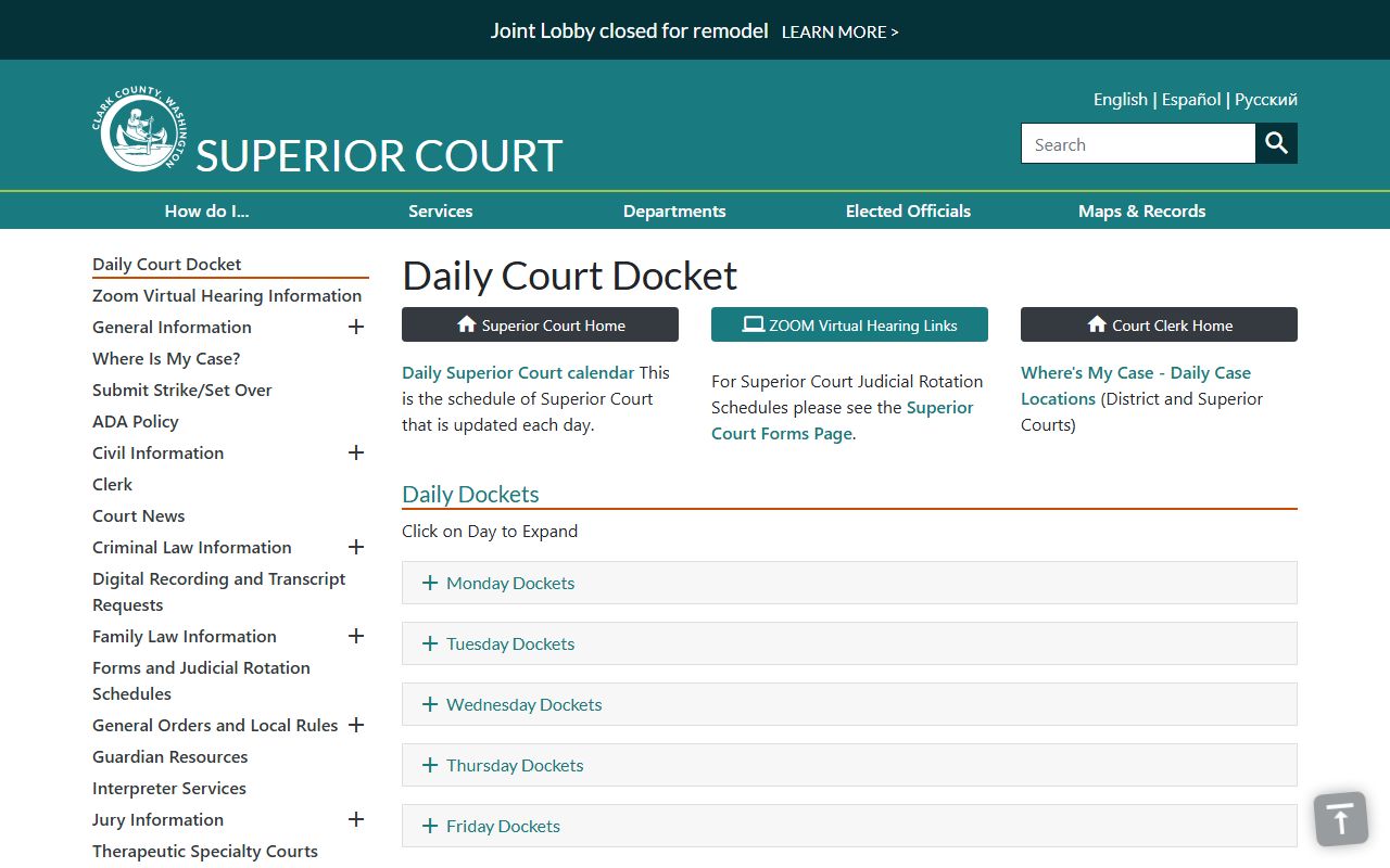 Clark County court dockets on the Superior Court daily docket page