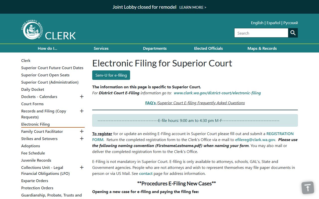 Clark County Superior Court e-filing registration page for County Clerk records