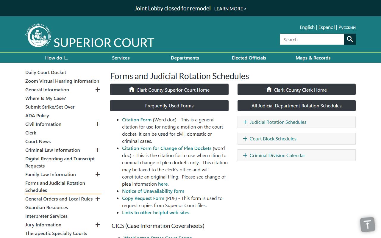 Clark County Superior Court forms library for filing court documents