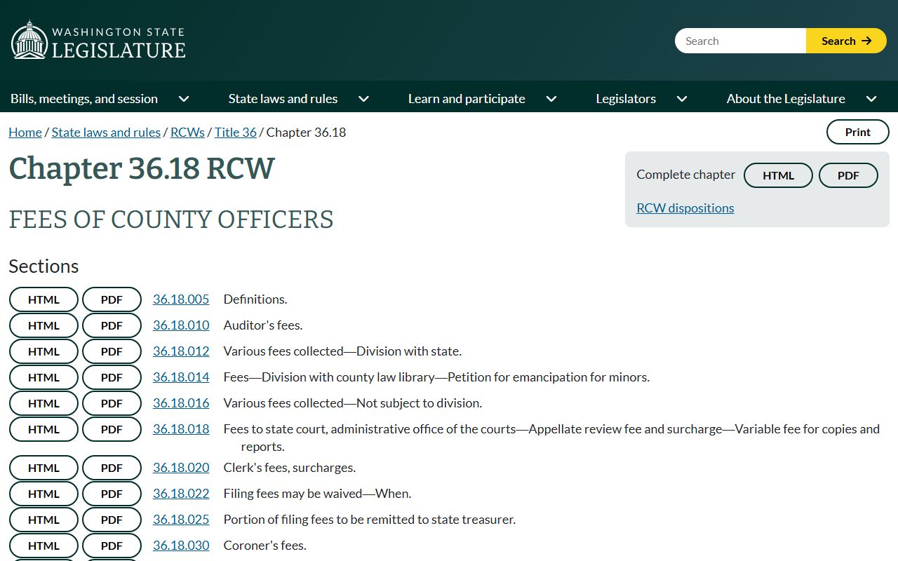 Clark County probate records fee authority under RCW 36.18 on the Washington legislature site