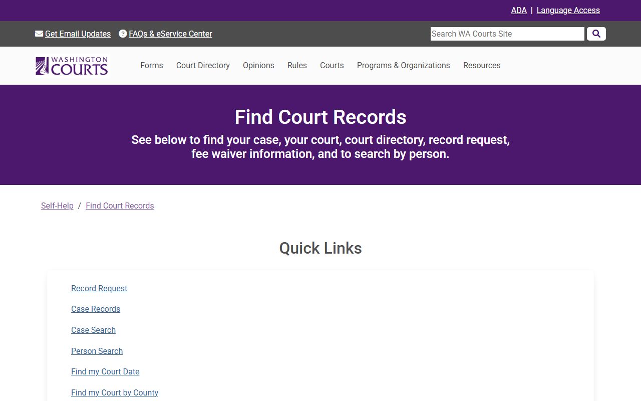 Washington Courts find Clark County court records self-help page