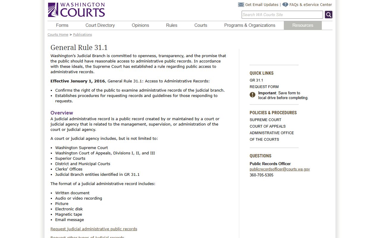 Washington Courts GR 31 public access framework for Clark County court records