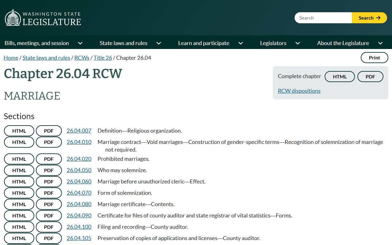 Clark County marriage law RCW 26.04 Washington State Legislature