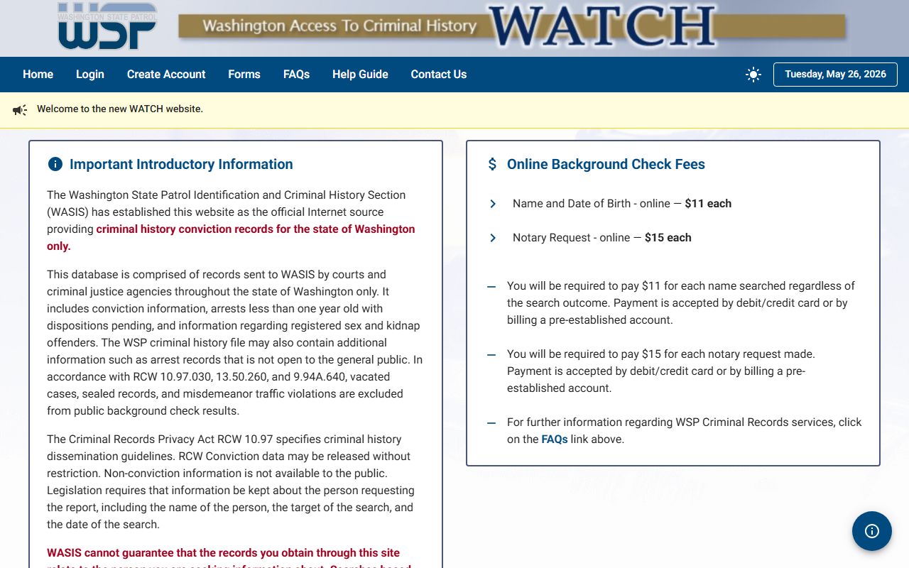 Clark County arrest records search on the WSP WATCH Washington State Patrol portal